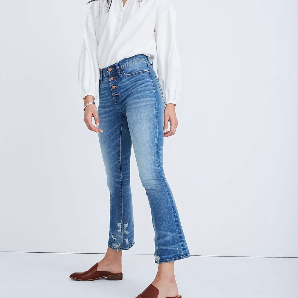 Madewell Demi Boot Jeans Size 25 Petite Light Wash Distressed Button Fly Denim